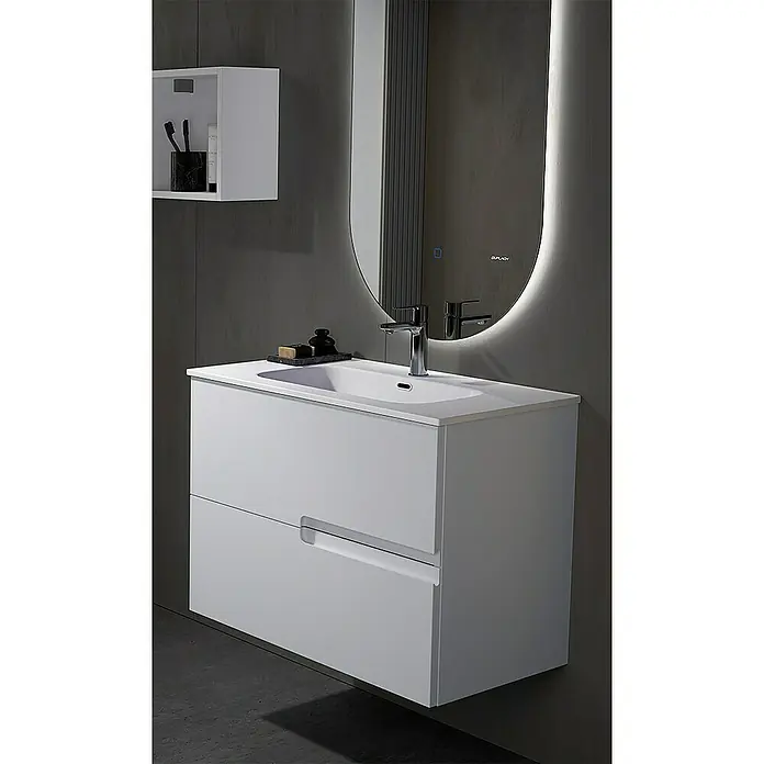 Duplach Mueble bajo de lavabo Sia - L x An x Al: 45 x 80 x 60 cm, Gris - La imagen muestra un tocador blanco con dos cajones, un lavabo sobre encimera y un espejo iluminado sobre una pared gris.