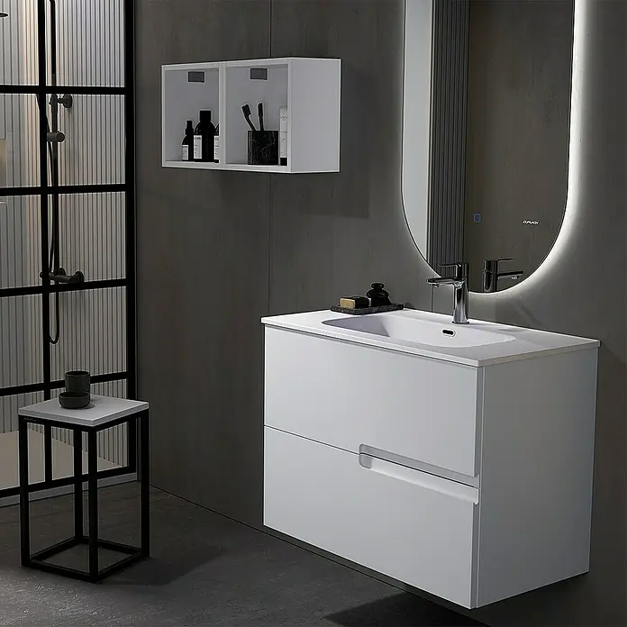 Duplach Mueble bajo de lavabo Sia - L x An x Al: 45 x 80 x 60 cm, Gris - Elegante baño con un moderno mueble de lavabo blanco, espejo iluminado y estanterías de pared abiertas.