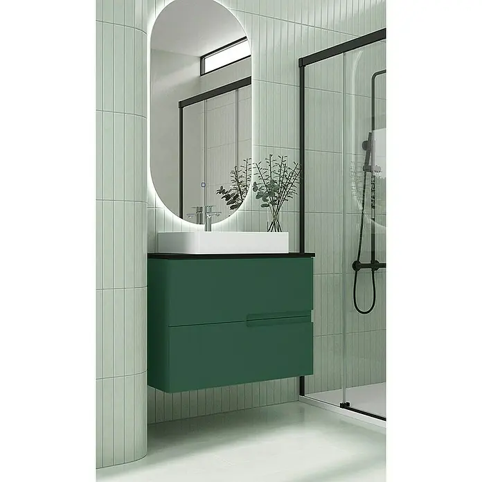 Duplach Mueble bajo de lavabo Sia - L x An x Al: 45 x 100 x 60 cm, Oliva - Elegante baño con mueble de lavabo verde, lavabo moderno y espejo iluminado. El diseño es elegante y contemporáneo.