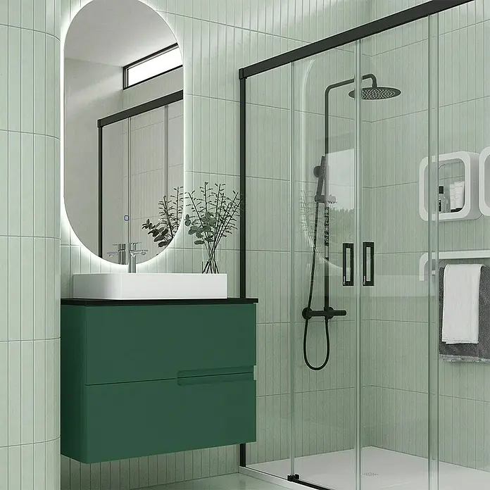 Duplach Mueble bajo de lavabo Sia - L x An x Al: 45 x 100 x 60 cm, Oliva - Moderno baño con mueble de lavabo verde y espejo iluminado para un aspecto elegante y contemporáneo.