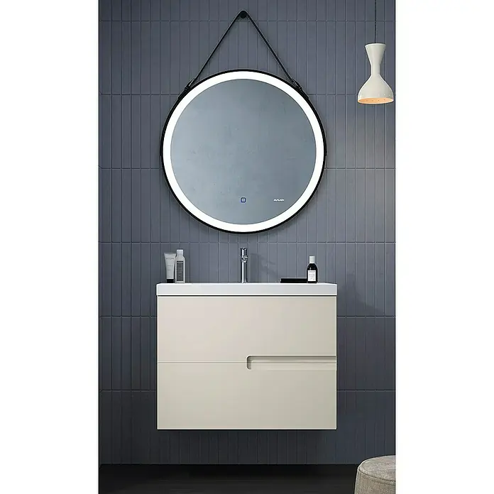 Duplach Mueble bajo de lavabo Sia - L x An x Al: 45 x 80 x 60 cm, Beige - Elegante conjunto de baño con un moderno tocador en beige y un espejo LED redondo, creando un ambiente elegante.