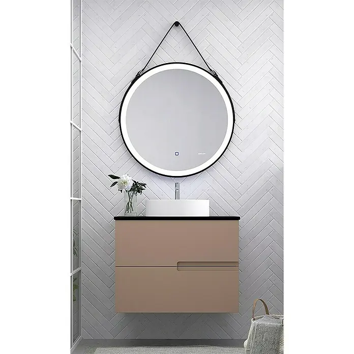 Duplach Mueble bajo de lavabo Sia - L x An x Al: 45 x 100 x 60 cm, Moka - Interior de baño con mueble de lavabo color topo, espejo redondo con luz y jarrón blanco con flores.