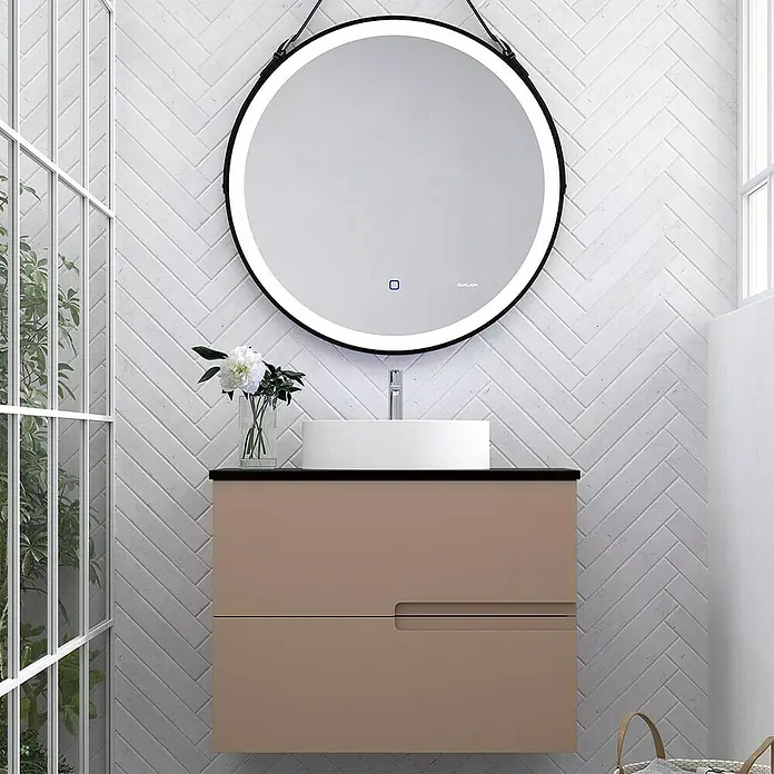 Duplach Mueble bajo de lavabo Sia - L x An x Al: 45 x 100 x 60 cm, Moka - Interior de baño moderno con espejo LED redondo sobre un tocador flotante. La pared de azulejos de espiga gris aporta textura y elegancia.