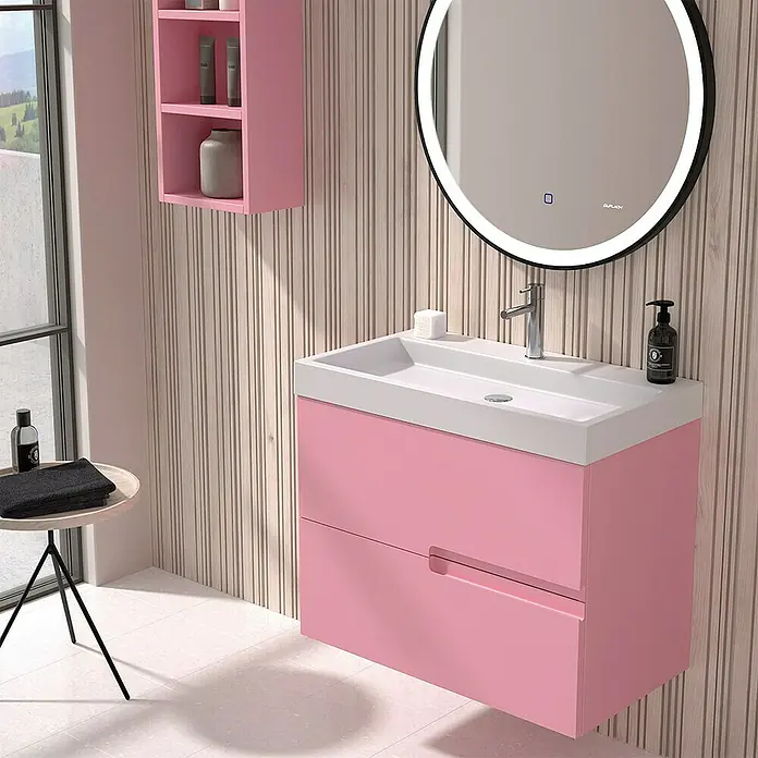Duplach Mueble bajo de lavabo Sia - L x An x Al: 45 x 100 x 60 cm, Rosa - Mueble de lavabo rosa con lavabo blanco y espejo redondo. Elegante conjunto de muebles de baño para un diseño moderno.