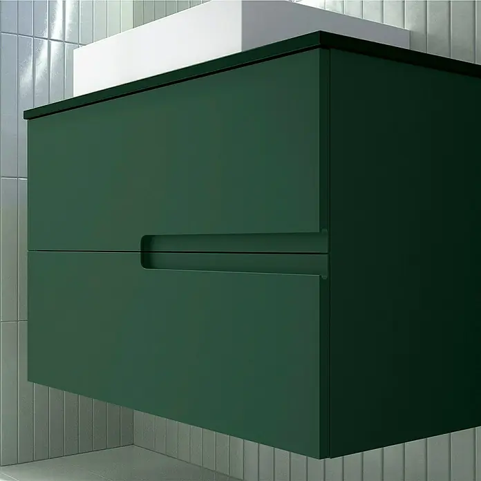 Duplach Mueble bajo de lavabo Sia - L x An x Al: 45 x 100 x 60 cm, Oliva - Mueble de baño verde con tiradores minimalistas y lavabo sobre encimera blanco. Diseño elegante para baños modernos.