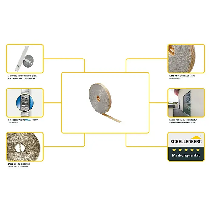 Schellenberg Rollladengurt - Beige, Länge: 12 m, Gurtbreite: 18 mm - Bild des Rollladenbands MAXI, 18 mm, das strapazierfähig und abriebfest ist, geeignet für Fenster- oder Türrollläden mit verstärkten Webkanten.
