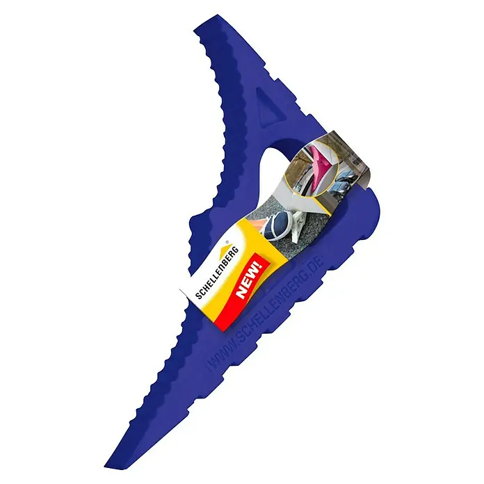 Schellenberg Tür- & Fensterstopper - Dunkelblau - Eine blaue Schellenberg-Keildichtung mit einem Etikett, das die Marke und den Hinweis "Neu!" zeigt. Ideal zum Abdichten von Fenstern und Türen.