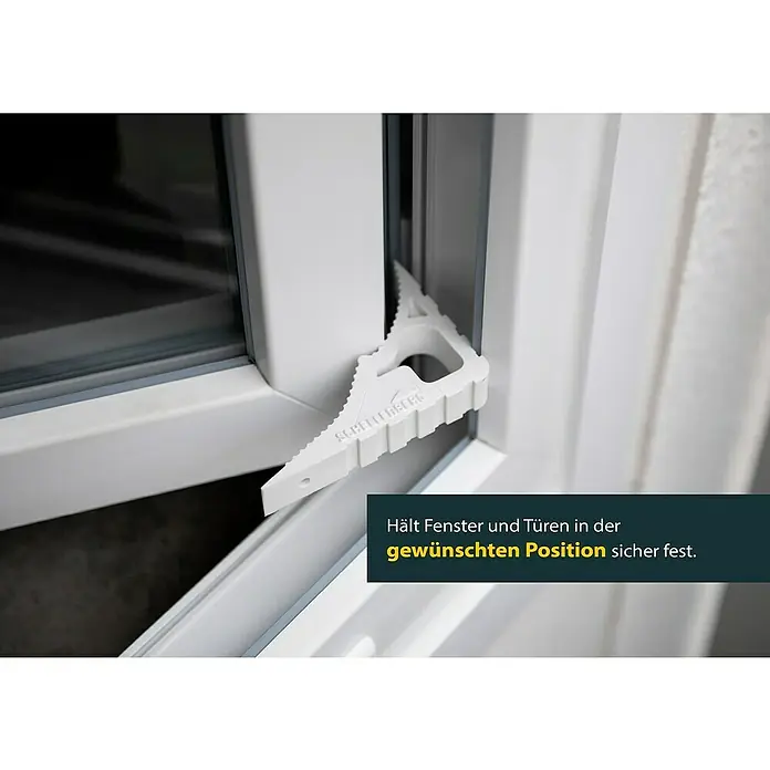 Schellenberg Tür- & Fensterstopper - Weiß - Ein Fensterkeil von Schellenberg wird gezeigt, der Fenster und Türen in der gewünschten Position fixiert.