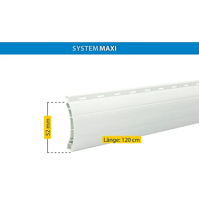 Schellenberg Rollladenprofil Maxi - L x H: 120 x 5,2 cm, Geeignet für: Rollladen-Maxi-Systeme, Weiß - Abbildung eines weißen Rollladenprofils des Systems MAXI mit den Maßen 52 mm Höhe und 120 cm Länge.