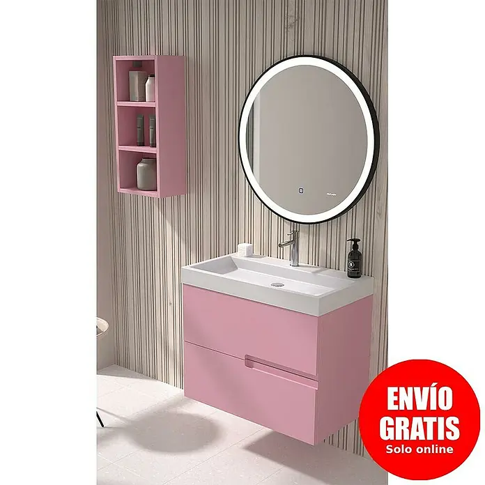 Duplach Mueble bajo de lavabo Sia - L x An x Al: 45 x 100 x 60 cm, Rosa - Lavabo de baño moderno con mueble bajolavabo en rosa, acompañado de un espejo redondo y una caja de estante.