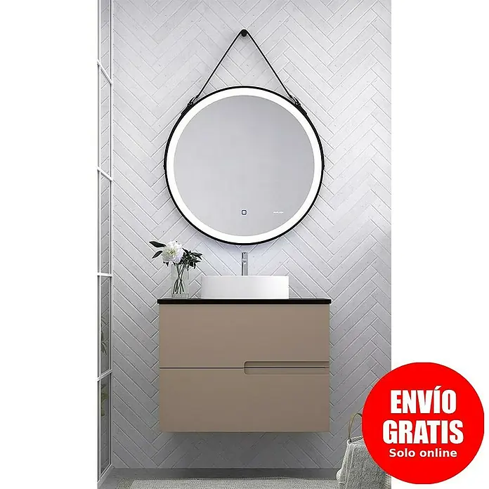 Duplach Mueble bajo de lavabo Sia - L x An x Al: 45 x 100 x 60 cm, Moka - Elegante conjunto de baño con espejo redondo iluminado y mueble de lavabo moderno con cajones beige.