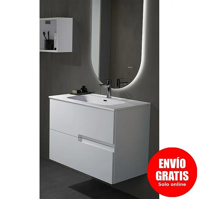 Duplach Mueble bajo de lavabo Sia - L x An x Al: 45 x 80 x 60 cm, Gris - Un moderno lavabo de baño con dos cajones en blanco. Un espejo elegante con iluminación LED cuelga encima.