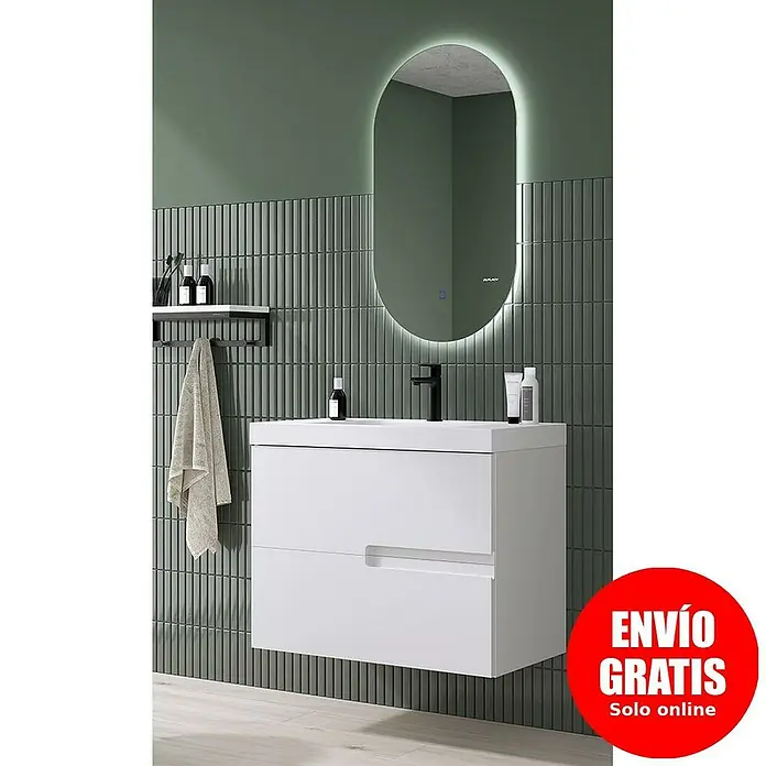 Duplach Mueble bajo de lavabo Sia - L x An x Al: 45 x 80 x 60 cm, Blanco - Un moderno mueble de baño blanco con un espejo ovalado iluminado encima, perfecto para un baño elegante.