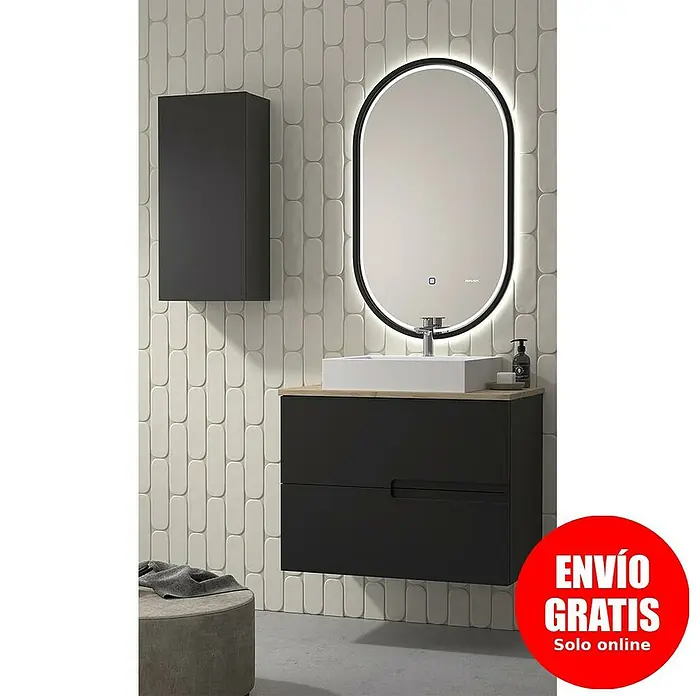 Duplach Mueble bajo de lavabo Sia - L x An x Al: 45 x 80 x 60 cm, Negro - Conjunto de lavabo con mueble negro, lavabo sobre encimera y espejo iluminado para un ambiente de baño moderno.