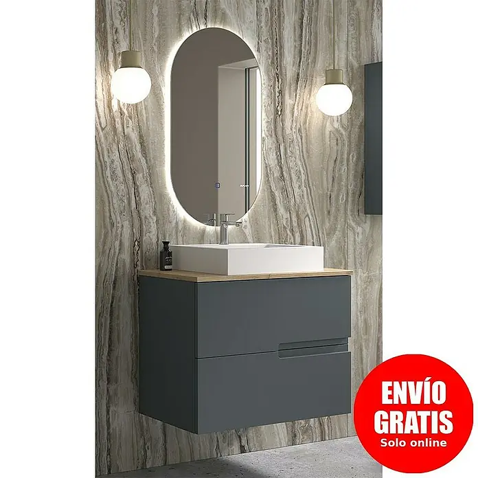 Duplach Mueble bajo de lavabo Sia - L x An x Al: 45 x 60 x 60 cm, Antracita - Conjunto de muebles de baño con lavabo, espejo e iluminación LED para un ambiente de baño moderno.