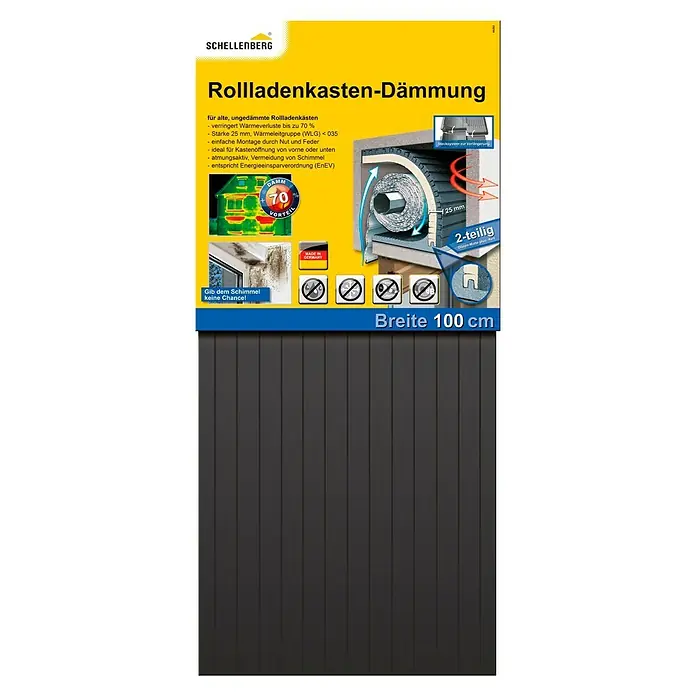 Schellenberg Rollladenkasten-Dämmmatte - 100 x 50 x 2,5 cm, Passend für: Große Rollladenkästen - Abbildung der Schellenberg Rollladenkasten-Dämmung, 100 cm breit, für alte Rollladenkästen, die Wärmeverluste reduziert und Schimmel vermeidet.
