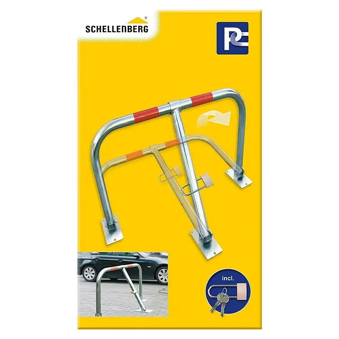 Schellenberg Parkbügel - 440 x 820 x 560 mm, Stahl - Bild einer Schellenberg Parkplatzsperre mit Schloss, die den Parkplatz vor unbefugtem Parken schützt.\n