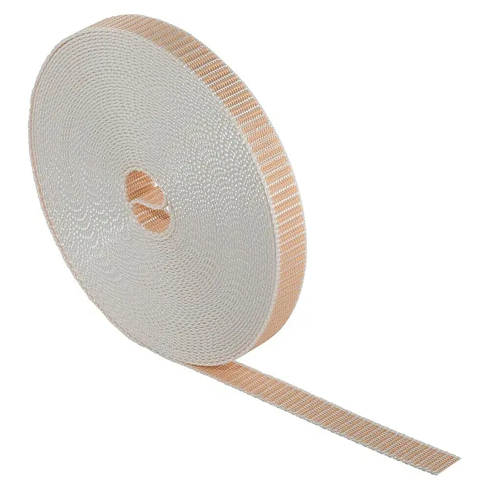 Schellenberg Rollladengurt - Beige, Länge: 12 m, Gurtbreite: 18 mm - Ein Rolle weißes Gurtband mit braunen Streifen. Das Gurtband ist aufgerollt und liegt auf einem schwarzen Hintergrund.