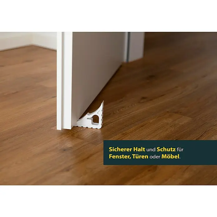 Schellenberg Tür- & Fensterstopper - Weiß - Türkeil aus Kunststoff, der eine Tür auf einem Holzboden sichert. Ideal zum Schutz von Fenstern, Türen oder Möbeln.