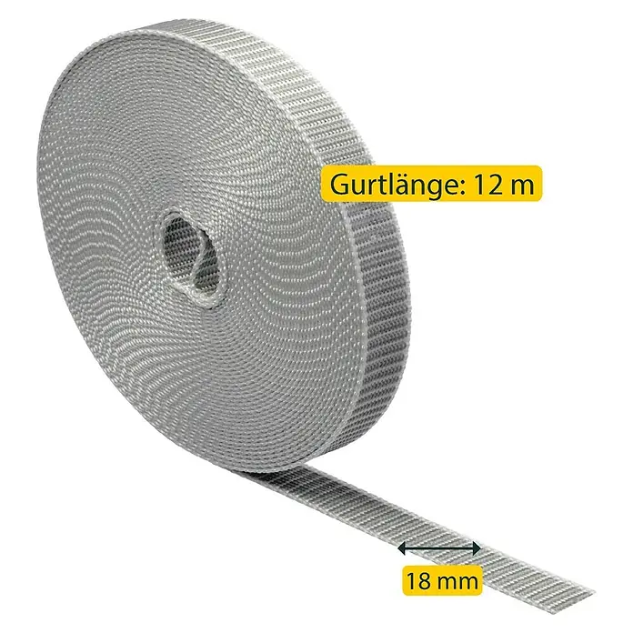 Schellenberg Rollladengurt - Grau, Länge: 12 m, Gurtbreite: 18 mm - Abbildung eines grauen Textilbandes auf einer Rolle. Die Länge des Textilbandes beträgt 12 m, die Breite 18 mm.