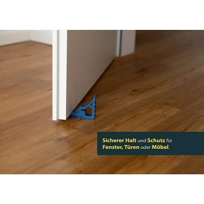 Schellenberg Tür- & Fensterstopper - Dunkelblau - Ein blauer Türstopper hält eine Tür auf einem Holzboden offen. Sichere Lösung zum Offenhalten von Türen und Fenstern.