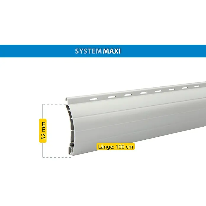 Schellenberg Rollladenprofil Maxi - L x H: 100 x 5,2 cm, Geeignet für: Rollladen-Maxi-Systeme, Grau - Produktbild eines Rollladenprofils vom Typ "SYSTEM MAXI" mit den Maßen 52 mm Höhe und 100 cm Länge.
