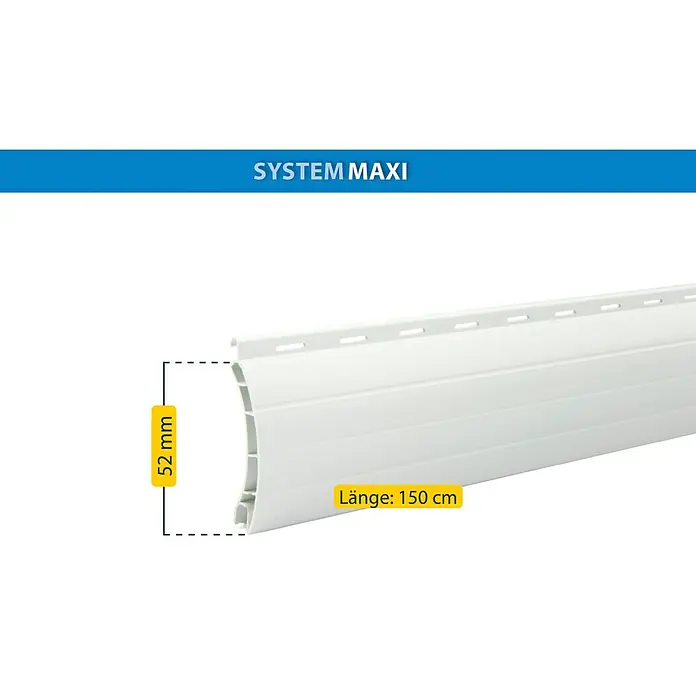 Schellenberg Rollladenprofil Maxi - L x H: 150 x 5,2 cm, Geeignet für: Rollladen-Maxi-Systeme, Weiß - Abbildung eines Rollladenprofils System Maxi in Weiß mit Maßangaben.
