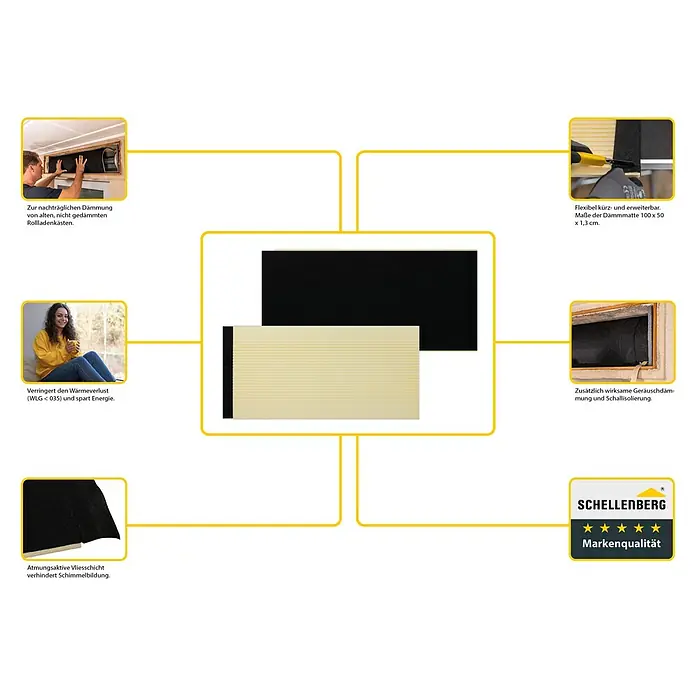Schellenberg Rollladenkasten-Dämmmatte - 100 x 50 x 1,3 cm, Passend für: Enge Rollladenkästen - Produktvorstellung: Isolationsmatte für Rollladenkästen zur nachträglichen Dämmung und Schallisolierung, flexibel kürz- und erweiterbar.