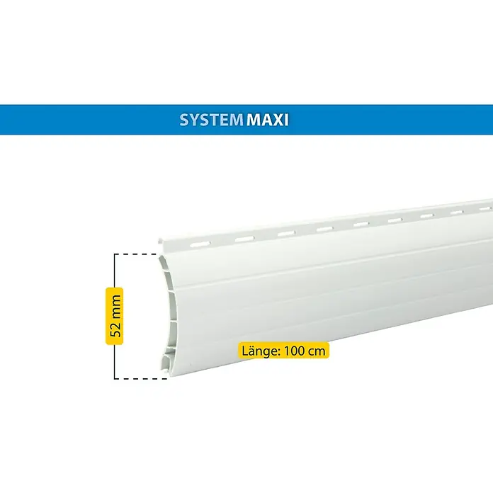 Schellenberg Rollladenprofil Maxi - L x H: 100 x 5,2 cm, Geeignet für: Rollladen-Maxi-Systeme, Weiß - Produktbild eines Rollladenprofils SYSTEM MAXI mit den Maßen 52 mm Höhe und 100 cm Länge.