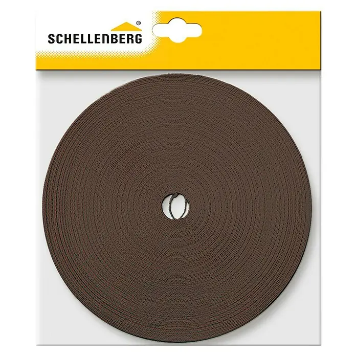 Schellenberg Rollladengurt - Braun, Länge: 12 m, Gurtbreite: 18 mm - Rolladengurt von Schellenberg, braun, aufgerollt und verpackt. Ideal für Reparaturen und Austausch von Rolladen-Gurten.