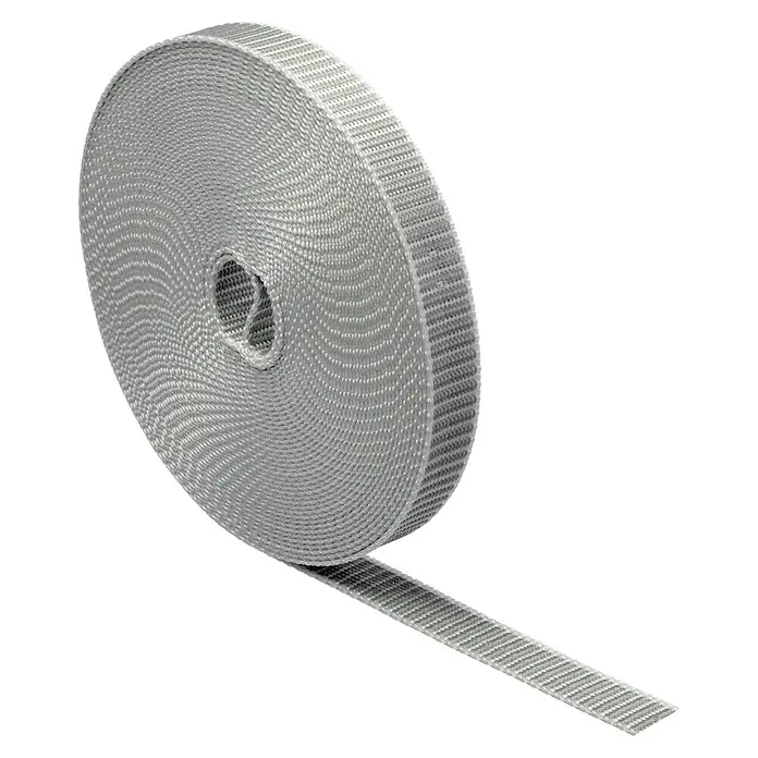 Schellenberg Rollladengurt - Grau, Länge: 12 m, Gurtbreite: 18 mm - Nahaufnahme einer Rolle gewebtem Band, ideal für verschiedene Befestigungs- und Bindungsanwendungen.