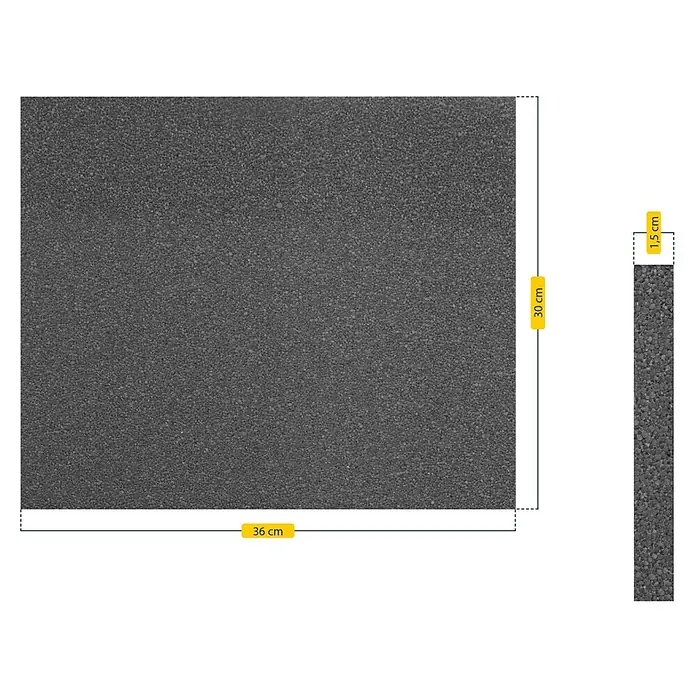Schellenberg Rollladenkasten-Dämmmatte Seitenteil - 300 x 360 x 15 mm - Darstellung einer 36 x 30 x 1,5 cm großen, grauen Akustikplatte zur Schallabsorption, ideal für Büros oder Studios.