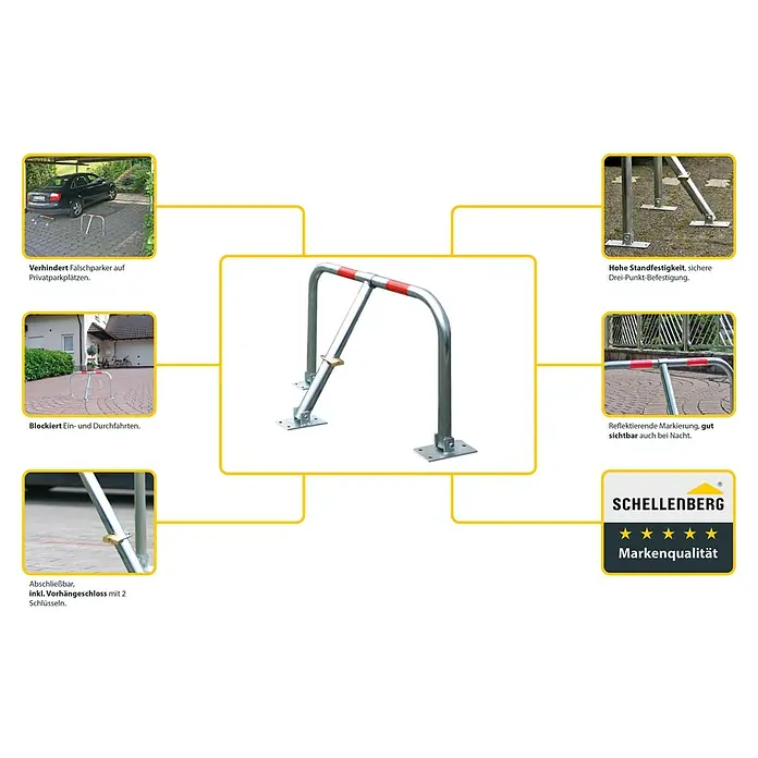 Schellenberg Parkbügel - 440 x 820 x 560 mm, Stahl - Produktabbildung einer Schellenberg Parkplatzsperre mit reflektierenden Markierungen und integriertem Schloss.