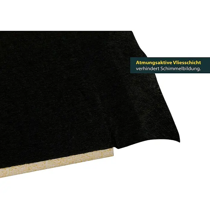 Schellenberg Rollladenkasten-Dämmmatte - 100 x 50 x 1,3 cm, Passend für: Enge Rollladenkästen - Nahaufnahme einer schwarzen, atmungsaktiven Vliesschicht auf einer Dämmplatte, die Schimmelbildung verhindert.