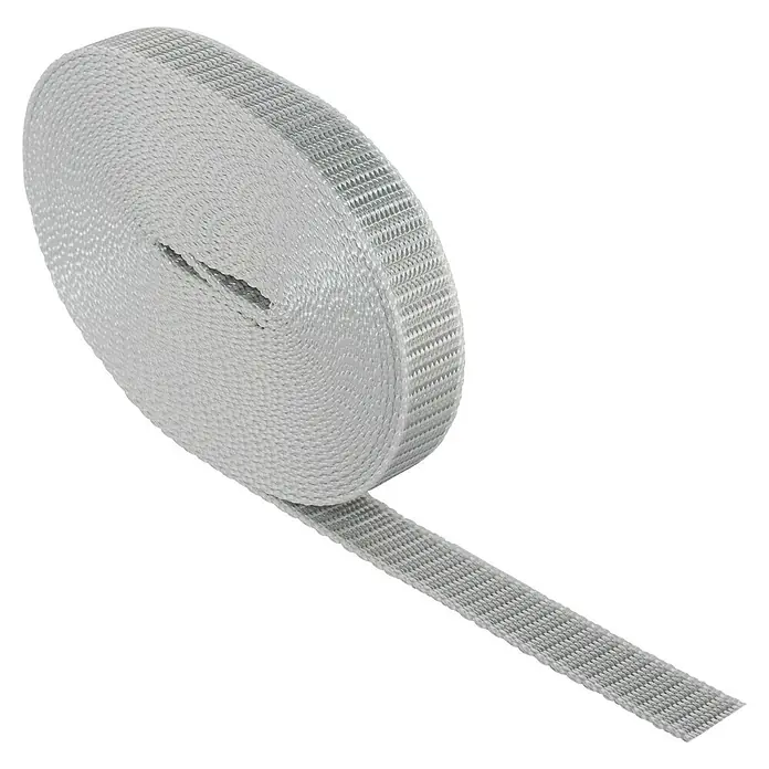 Schellenberg Rollladengurt - Grau, Länge: 6 m, Gurtbreite: 18 mm - Nahaufnahme eines Aufrollbandes aus hitzebeständigem Material, ideal für Anwendungen, die Schutz vor hohen Temperaturen erfordern.