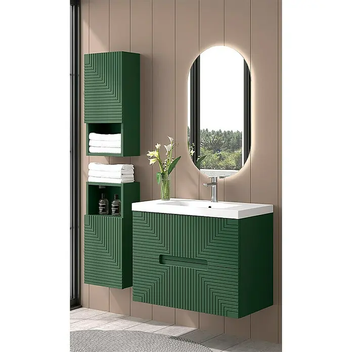 Duplach Mueble bajo de lavabo Teram - L x An x Al: 45 x 60 x 60 cm, Oliva - Conjunto de baño verde con mueble de lavabo, espejo armario y armario de pared adicional. Diseño elegante para un baño moderno.