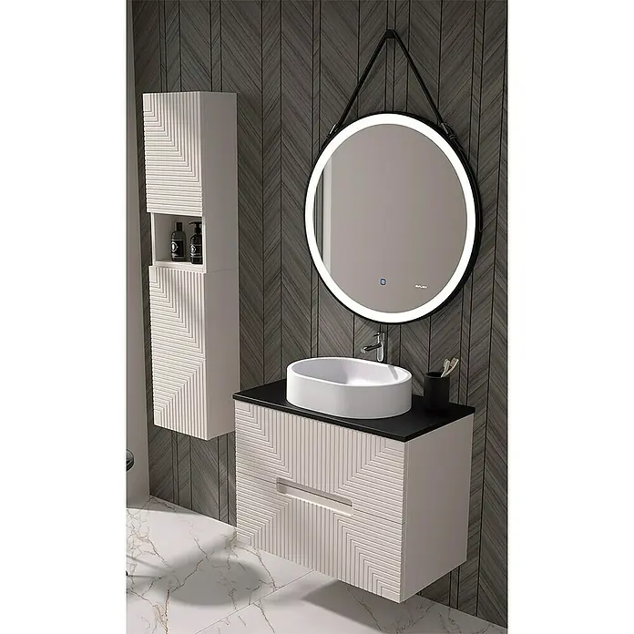 Duplach Mueble bajo de lavabo Teram - L x An x Al: 45 x 60 x 60 cm, Beige - Elegante juego de baño con mueble bajo lavabo, armario colgante y espejo redondo con iluminación LED para un ambiente elegante.