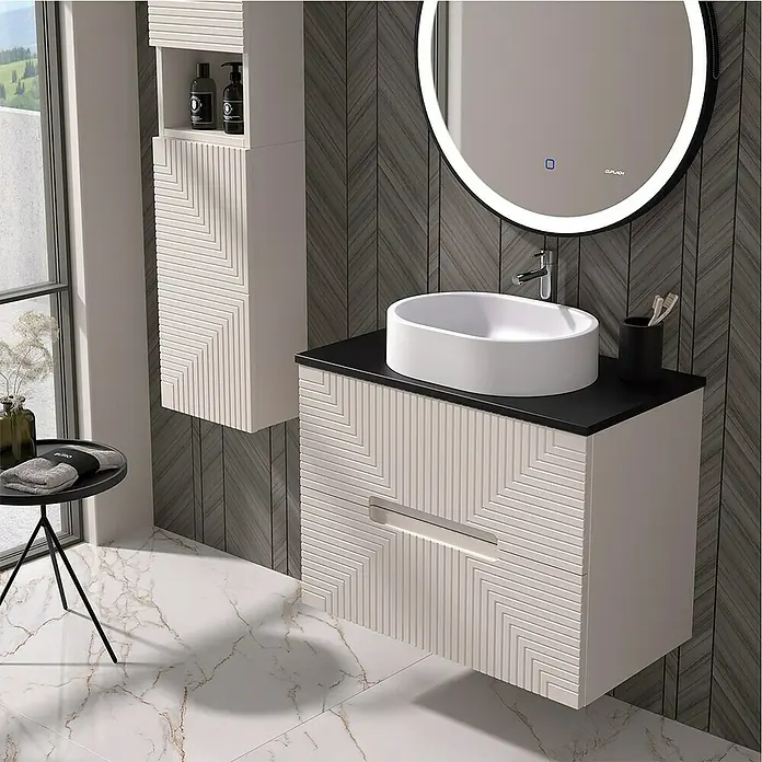 Duplach Mueble bajo de lavabo Teram - L x An x Al: 45 x 60 x 60 cm, Beige - Un elegante lavabo de baño con un mueble beige, complementado con un espejo redondo con iluminación integrada.