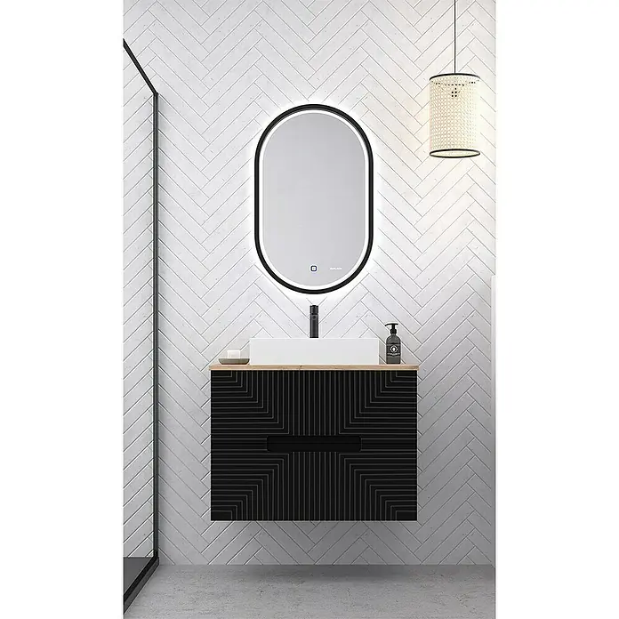 Duplach Mueble bajo de lavabo Teram - L x An x Al: 45 x 60 x 60 cm, Negro - Baño moderno con mueble de lavabo negro, espejo ovalado con luz LED y lámpara colgante elegante.