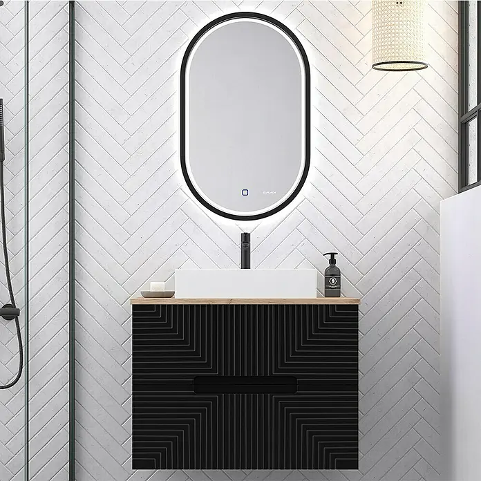Duplach Mueble bajo de lavabo Teram - L x An x Al: 45 x 60 x 60 cm, Negro - Mueble de baño con armario negro, lavabo rectangular y espejo ovalado LED, ideal para diseños de baño modernos.