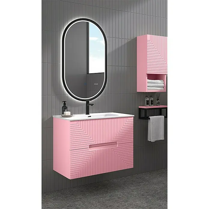 Duplach Mueble bajo de lavabo Teram - L x An x Al: 45 x 80 x 60 cm, Rosa - Elegante conjunto de baño rosa con mueble de lavabo, espejo iluminado y armario colgante para un ambiente moderno.