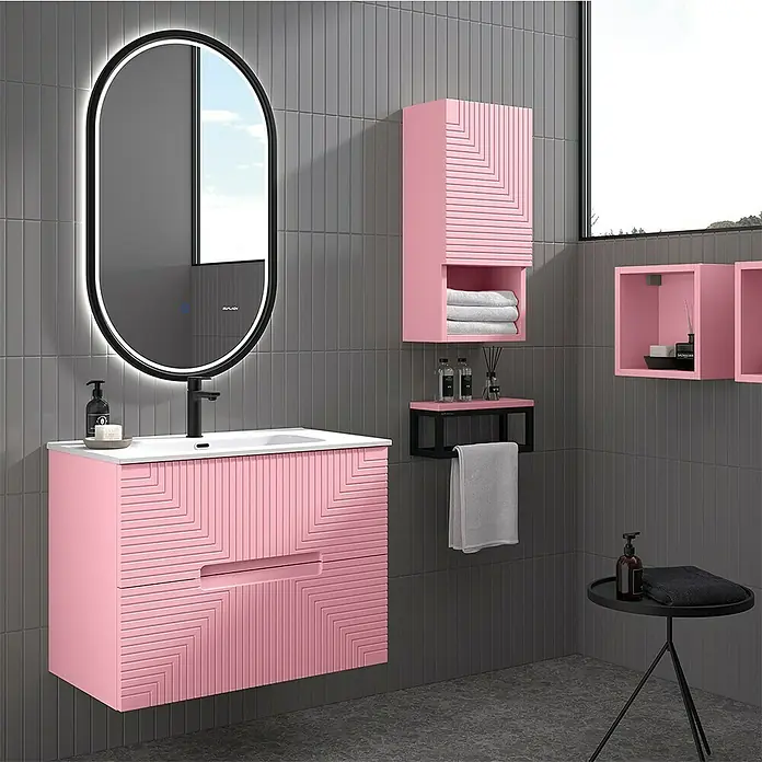 Duplach Mueble bajo de lavabo Teram - L x An x Al: 45 x 80 x 60 cm, Rosa - Juego de baño rosa con tocador, armario con espejo y estanterías de pared, creando un ambiente moderno y elegante.