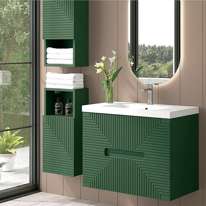 Duplach Mueble bajo de lavabo Teram - L x An x Al: 45 x 60 x 60 cm, Oliva - Lavabo de baño moderno con mueble verde y armario de espejo a juego para un ambiente elegante.