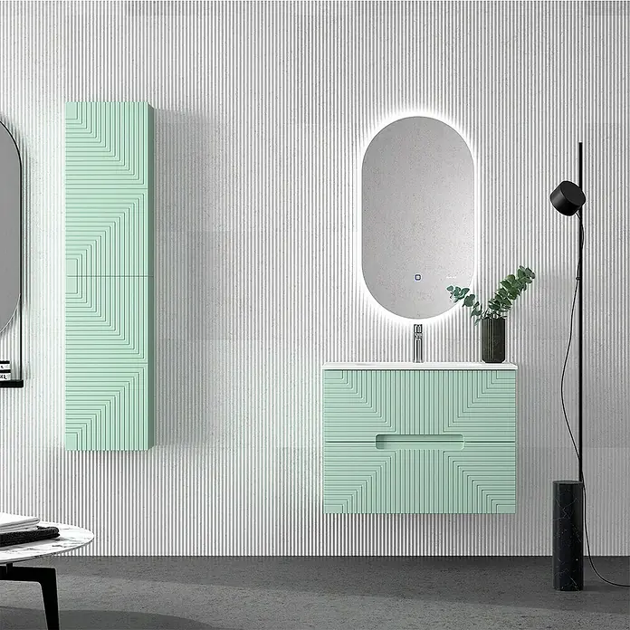 Duplach Mueble bajo de lavabo Teram - L x An x Al: 45 x 80 x 60 cm, Menta - Conjunto de baño contemporáneo con mueble de lavabo verde menta y armario con espejo, acentuado con accesorios de iluminación elegantes.