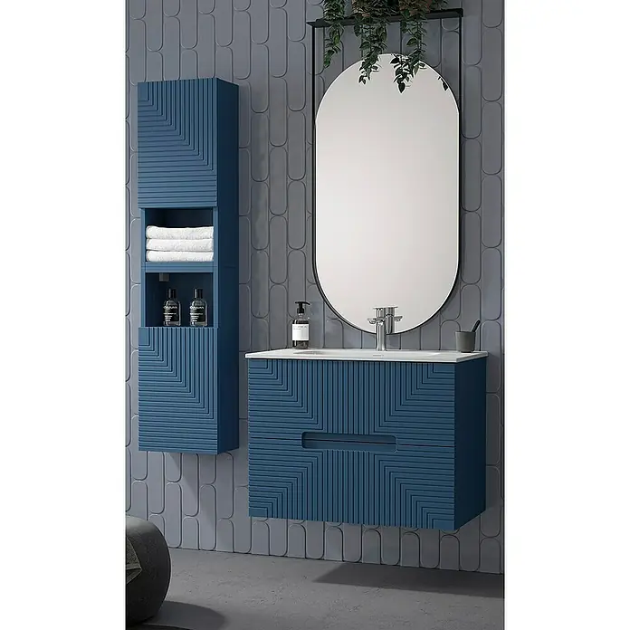 Duplach Mueble bajo de lavabo Teram - L x An x Al: 45 x 60 x 60 cm, Oceano - Baño con mueble de lavabo azul, armario con espejo y espejo ovalado con decoración vegetal para un ambiente moderno.