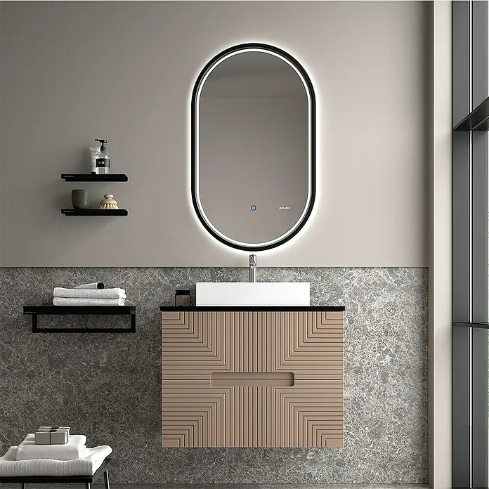 Duplach Mueble bajo de lavabo Teram - L x An x Al: 45 x 60 x 60 cm, Moka - Un moderno conjunto de baño con un tocador de textura de madera y un espejo ovalado con iluminación LED.