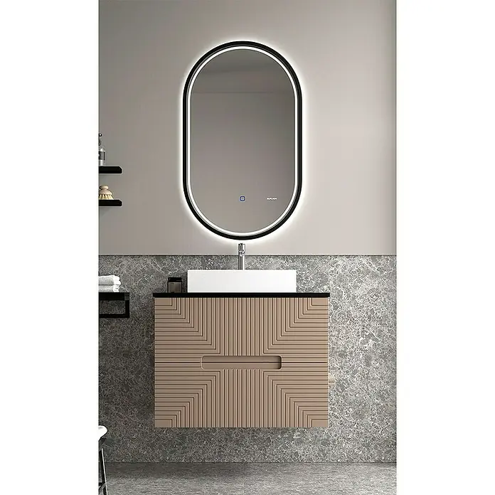 Duplach Mueble bajo de lavabo Teram - L x An x Al: 45 x 60 x 60 cm, Moka - Mueble de baño con lavabo rectangular y espejo ovalado iluminado para un ambiente moderno.