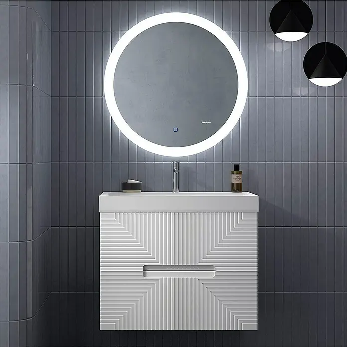 Duplach Mueble bajo de lavabo Teram - L x An x Al: 45 x 80 x 60 cm, Blanco - Un tocador de baño moderno con un gabinete blanco con patrón geométrico y un espejo LED redondo.