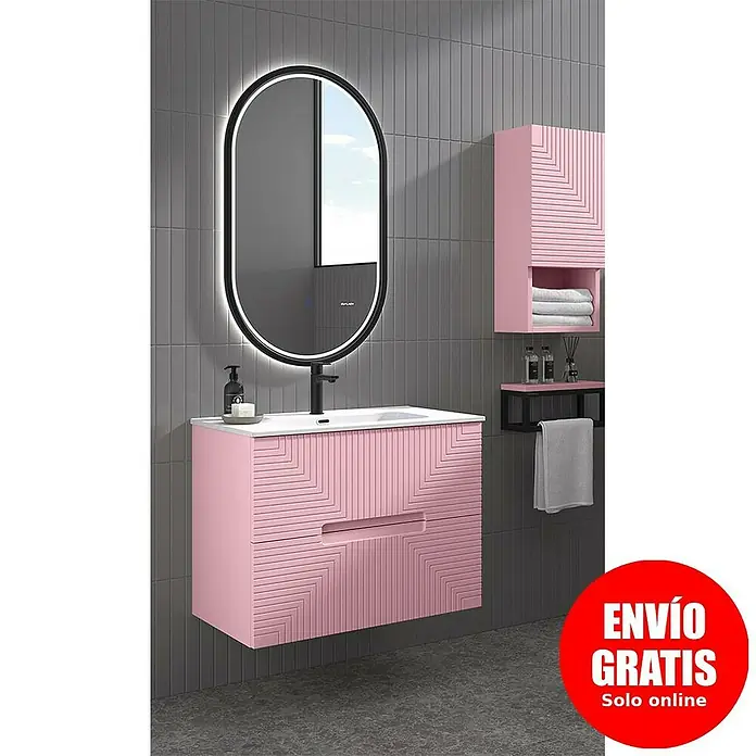 Duplach Mueble bajo de lavabo Teram - L x An x Al: 45 x 80 x 60 cm, Rosa - Moderno juego de baño rosa con espejo LED y armario colgante a juego para un ambiente elegante.