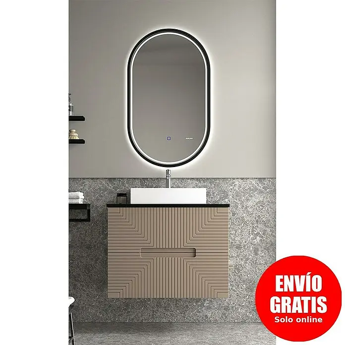 Duplach Mueble bajo de lavabo Teram - L x An x Al: 45 x 60 x 60 cm, Moka - Moderno conjunto de baño con mueble de lavabo de madera y espejo iluminado para un ambiente elegante.
